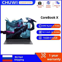CHUWI CoreBook X portátil AMD R5-7430U portátil para juegos 16GB DDR4 RAM 512GB SSD 14,1 ''2K pantalla Windows 11 Wifi6 cuaderno