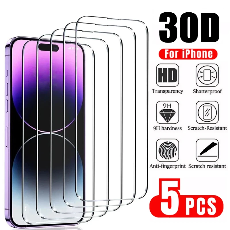 Protector de pantalla de vidrio templado para iPhone, cubierta completa, protección de vidrio para iPhone 11, 12, 13, 14, 15, 16 Pro Max, 14, 15, 16 Plus, 5 unidades