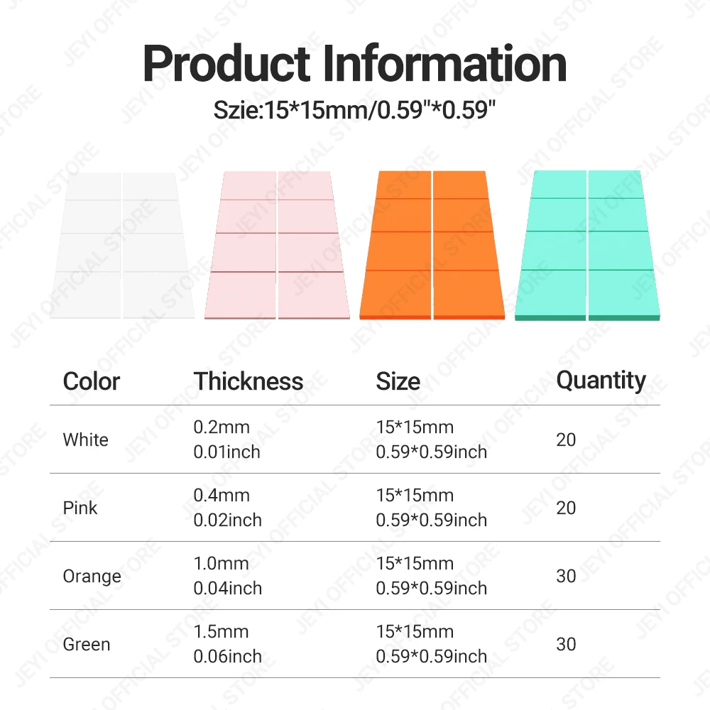 Paquete de 100 almohadillas de silicona conductoras térmicas JEYI, almohadilla térmica M.2 SSD NVMe NGFF para PC, portátil, disipador térmico/GPU/CPU/tarjeta gráfica LED - imagen 5