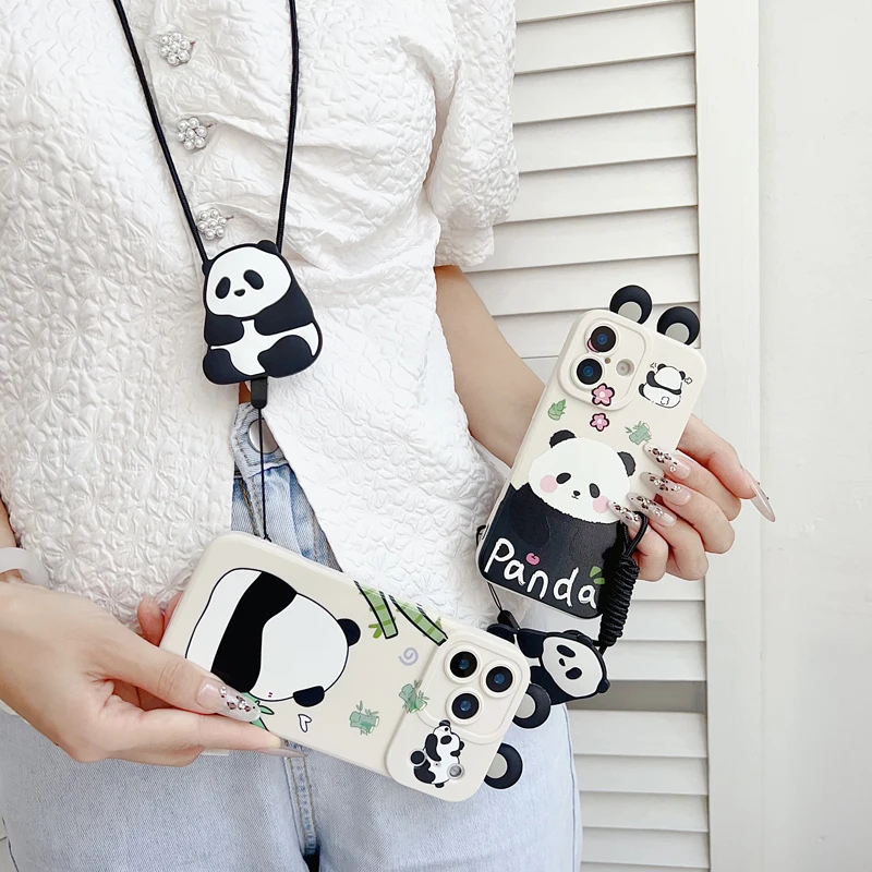 Lindo panda de oreja kawaii para Samsung Galaxy S20 S21 S22 S23 S24 S25 Plus Ultra FE Edge funda con soporte de cuerda - imagen 3
