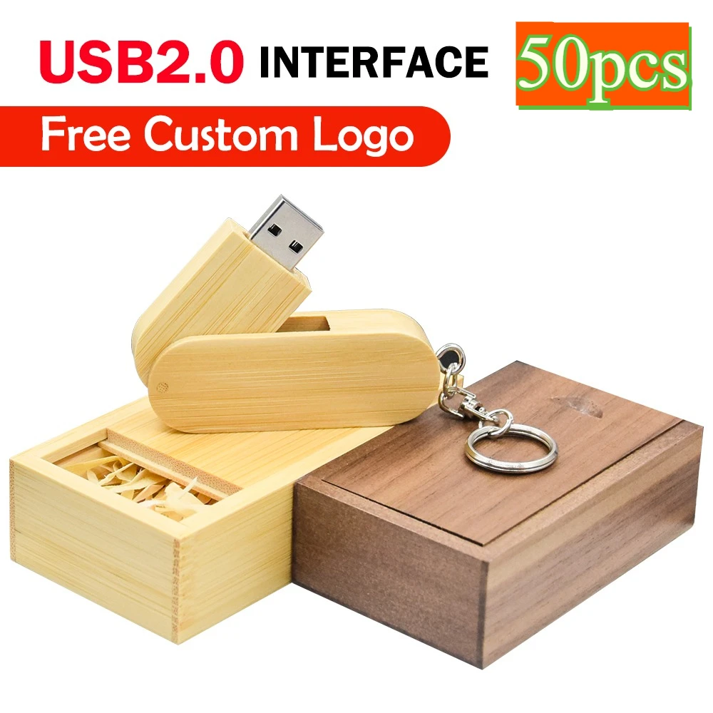Unidad Flash USB 2,0 giratoria de madera, 50 Uds., 128GB, logotipo personalizado gratis, unidad de memoria de 64GB, regalo creativo, disco U de 32GB y 16GB