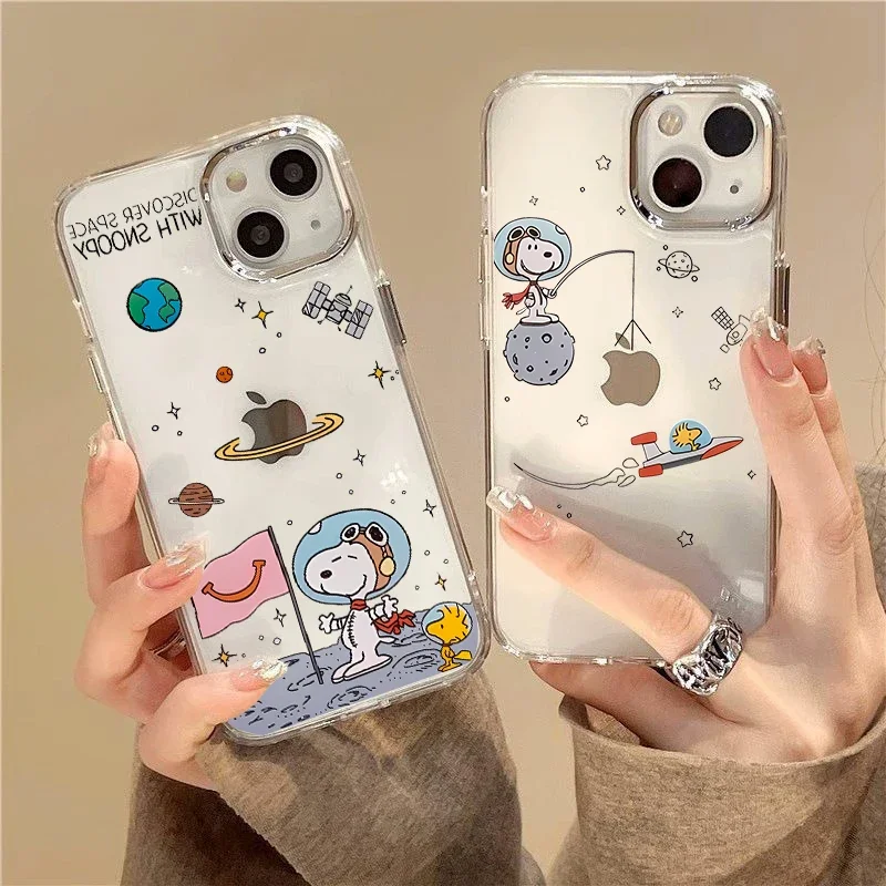 Funda de teléfono transparente con diseño de Snoopy para Iphone 16, 15, 13, 12, 11 Pro Max, 16E, 14 Plus, 13 Pro, XS Max, XR, 7, 8, SE, 2022, cubierta de lente de Metal - imagen 2