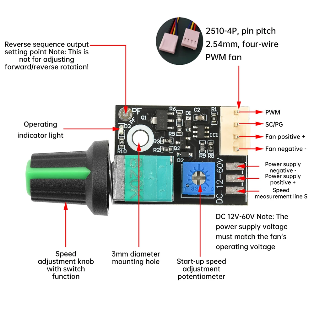 Controlador de velocidad PWM Manual de cuatro cables DC 12-60V 3A con interruptor compatible con reducción de velocidad del ventilador de 4 cables y reducción de ruido - imagen 4