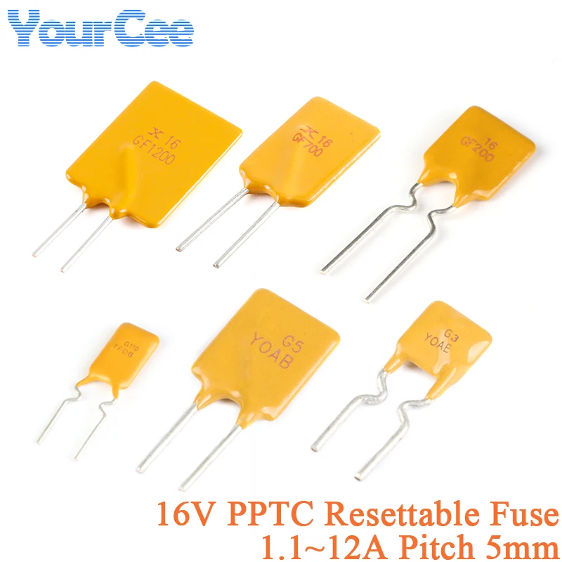 Fusible reiniciable PPTC, 10 piezas, 16V, 1,1 ~ 12A Pin Pitch 5mm 12A 7A 5A 3A 2A 1.1A