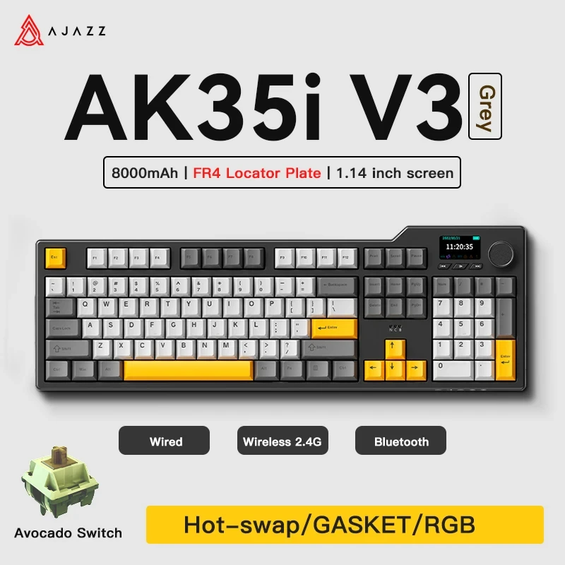 AJAZZ AK35i V3 Teclado mecánico con cable y inalámbrico 104 teclas Fulsize intercambiable en caliente con perilla y pantalla para juegos y oficina