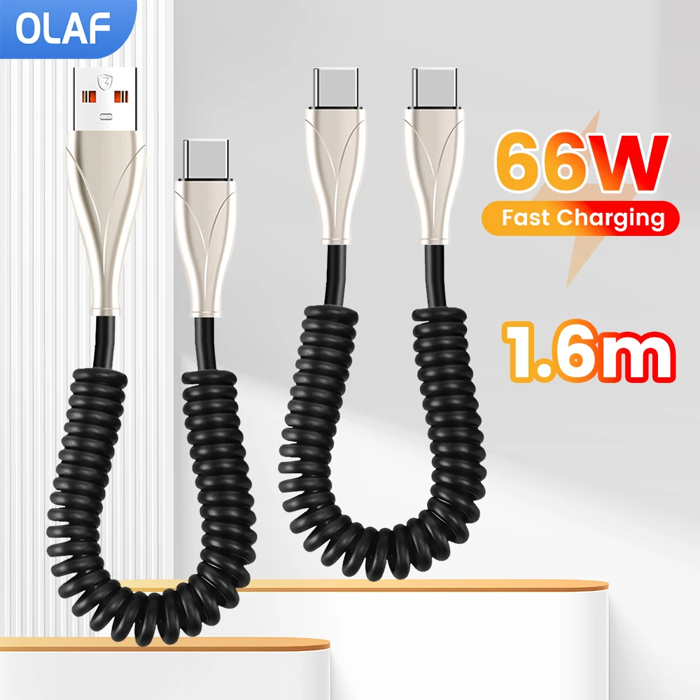 Cable de carga rápida tipo C de 35CM a 1,6 M 66W, cargador de teléfono telescópico de resorte para coche, Cable USB para Samsung, Xiaomi, Redmi, Cable USB C