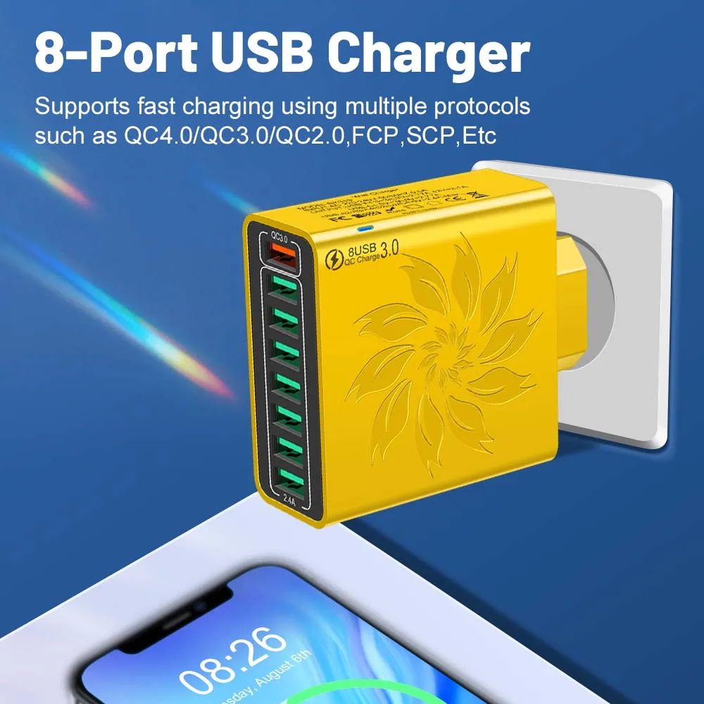 Cargador rápido USB 8 en 1, adaptador de corriente QC3.0, enchufe UE/EE. UU./REINO UNIDO/KR, adaptador de carga rápida para IPhone, Xiaomi, Samsung, cargador de pared de viaje - imagen 3