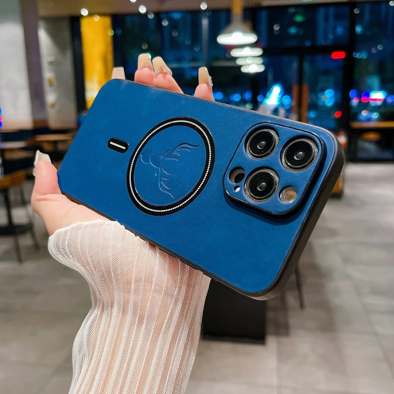 Funda de cuero de ciervo PU de lujo para iPhone 16 Pro Max 15 14 13 12 11 Pro Max 15Pro 14Pro 13Pro para funda trasera de carga inalámbrica Magsafe - imagen 4