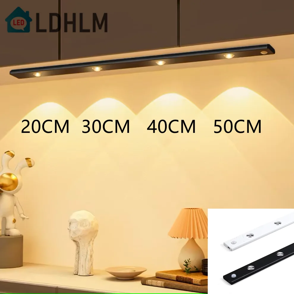 Luz LED nocturna con Sensor de movimiento regulable de 3 colores para iluminación de armario de cocina, lámpara recargable por USB de 20CM/30CM/40CM/50CM