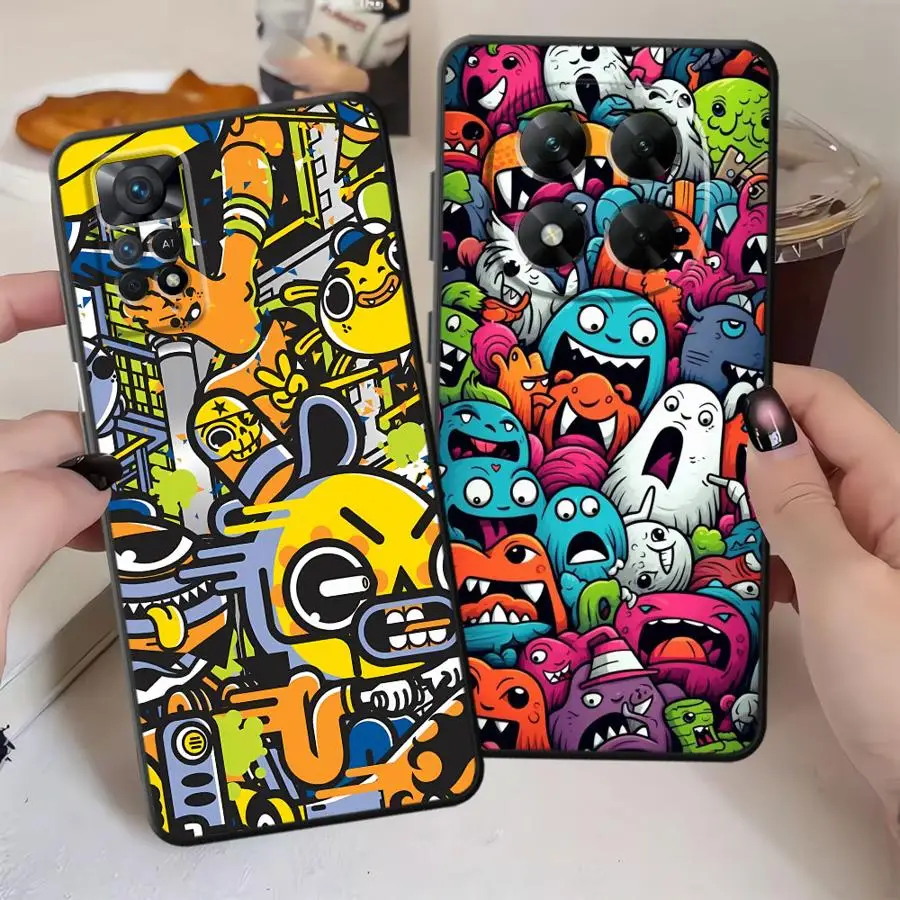 Funda de teléfono suave negra para Xiaomi Redmi Note 11s 7 8 12s 9S 13 14 Pro Plus 10S 9 10 11 12 Pro Trendy Monster Graffiti