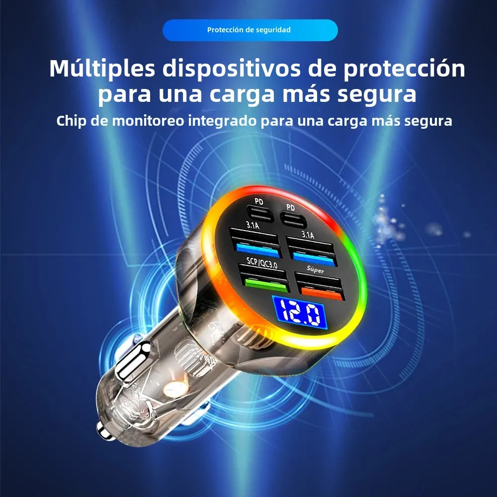 Cargador de coche Total de 200W, carga súper rápida 6 en 1, voltaje multipuerto para coche con pantalla Digital para vehículo, cargador de teléfono móvil para coche - imagen 3