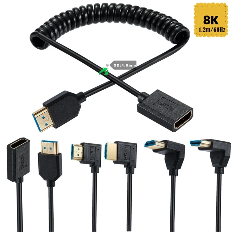 Cable de resorte de expansión de 1,2 m, versión 2,1, 8K @ 60Hz, compatible con HDMI, macho a hembra, ángulo de 90 grados, Cable de extensión OD4.0mm de 1,2 m