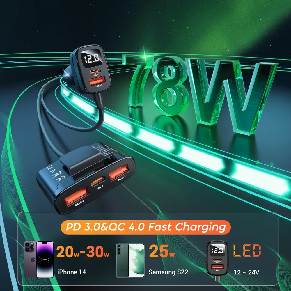 ASOMETECH-cargador USB tipo C para coche, dispositivo de carga rápida con 5 puertos QC3.0, PD3.0, SCP, para iPhone, Samsung, Tablet, Xiaomi, 78W - imagen 5