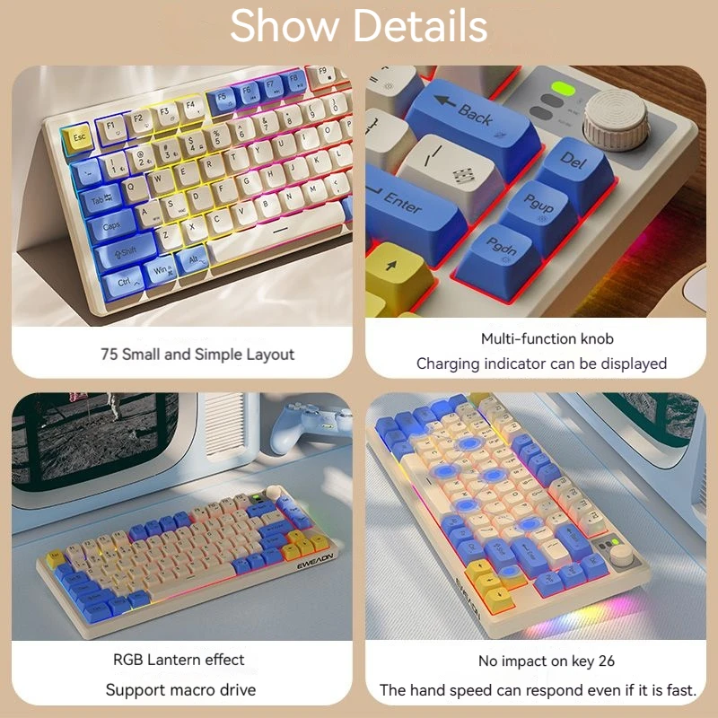 EWEADN-teclado silencioso recargable inalámbrico, dispositivo con perilla Multimedia, retroiluminado RGB, adecuado para oficina, Esports, uso doméstico, 2,4G + BT - imagen 5