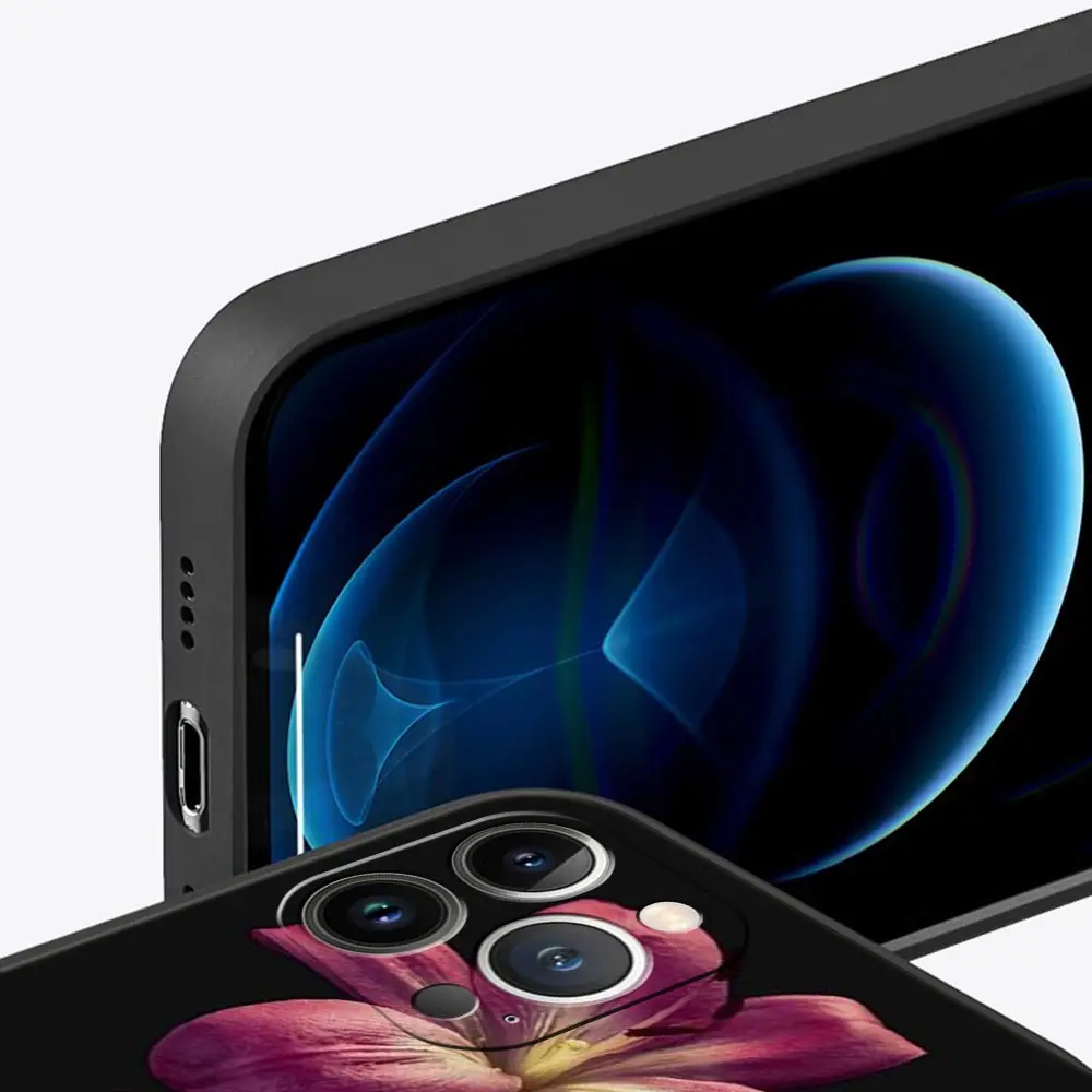 Funda de teléfono de lujo con estampado de flor de lirio realista para iPhone 17 Air 16 Plus 13 15 14 12 11 Pro MAX 7 8 SE, funda negra de TPU suave - imagen 4