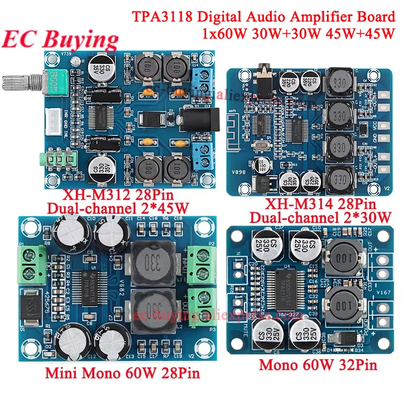 10 uds/1 unidad TPA3118 PBTL 60W Mono módulo de placa amplificadora de Audio de potencia Digital DC 8-24V para Arduino de doble canal 2*45W 30W XH-M314