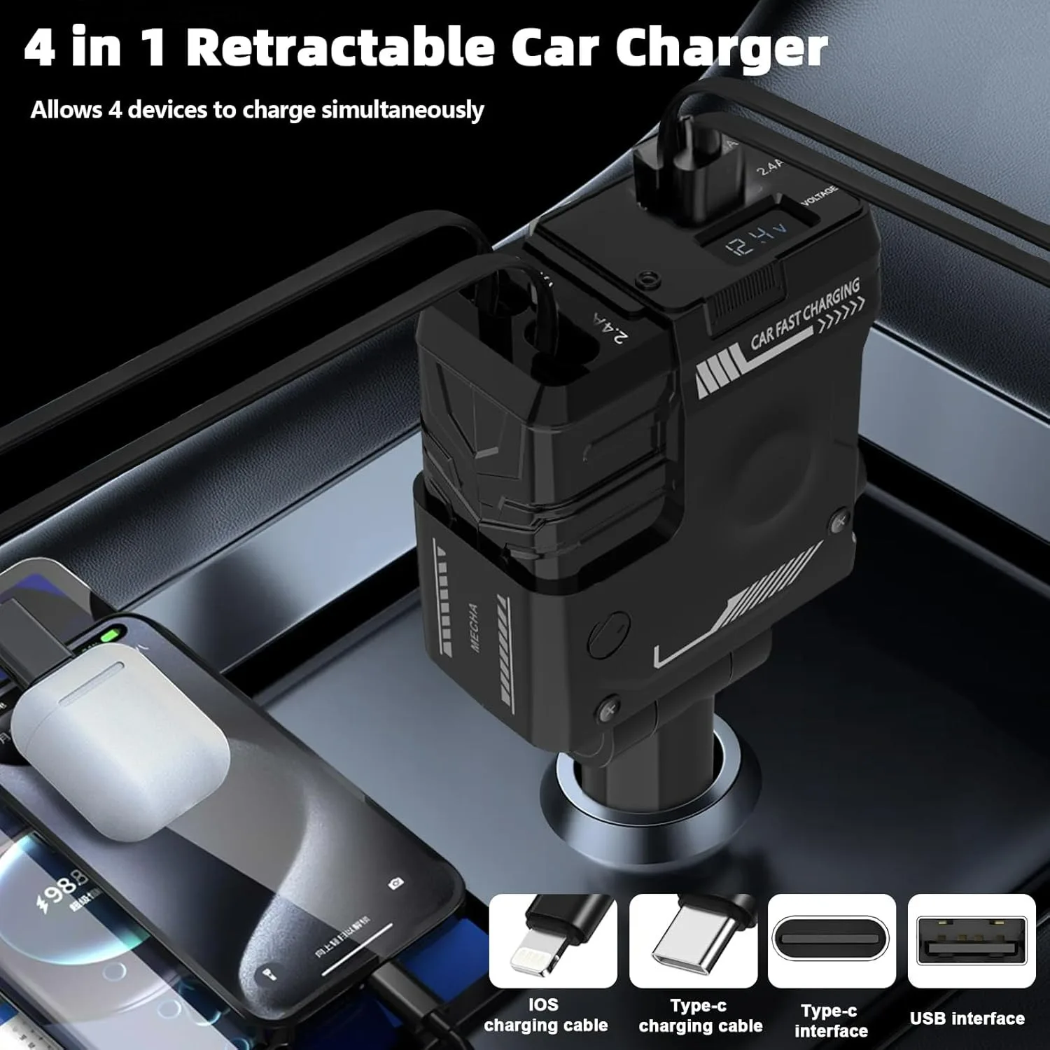 Cargador de coche retráctil de 120W 4 en 1, carga Flash súper rápida para coche, Cable telescópico, cargador de teléfono para coche para iPhone Huawei - imagen 4