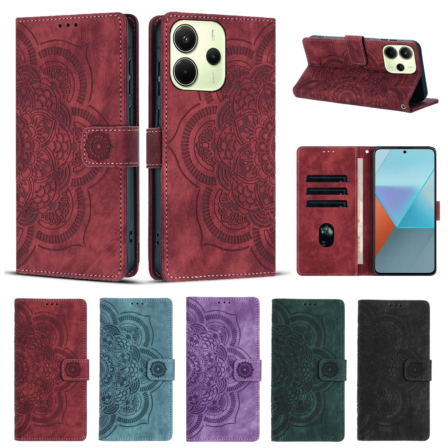 Funda con tapa tipo billetera de cuero para Xiaomi Redmi 12 13 13C 14C A3 Note 11 11S 12 13 14 Pro 4G 5G funda de teléfono Mandala flor 5 colores - imagen 2