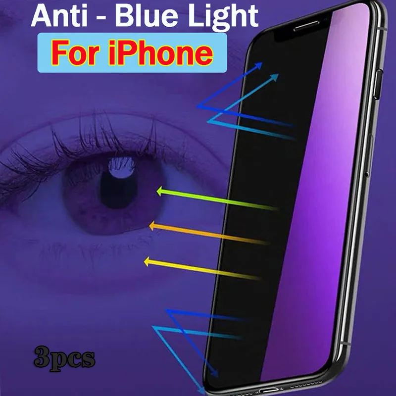 3 uds protector de pantalla antiluz azul para iPhone 11 12 13 14 15 Pro Max 6S 7 8 Plus XS XR XS Max SE2022 vidrio templado para el cuidado de los ojos