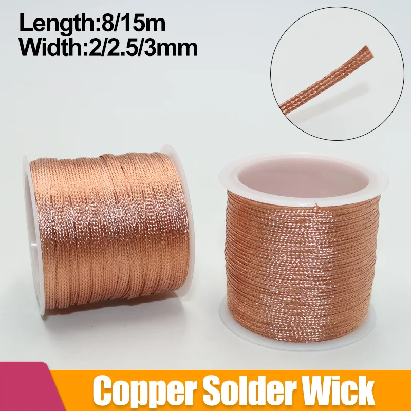 Longitud 15/8M mecha de soldadura fuerte desoldar alambre de cobre malla trenza ancho 2/2, 5/3,0mm PCB BGA removedor herramienta de soldadura de estaño