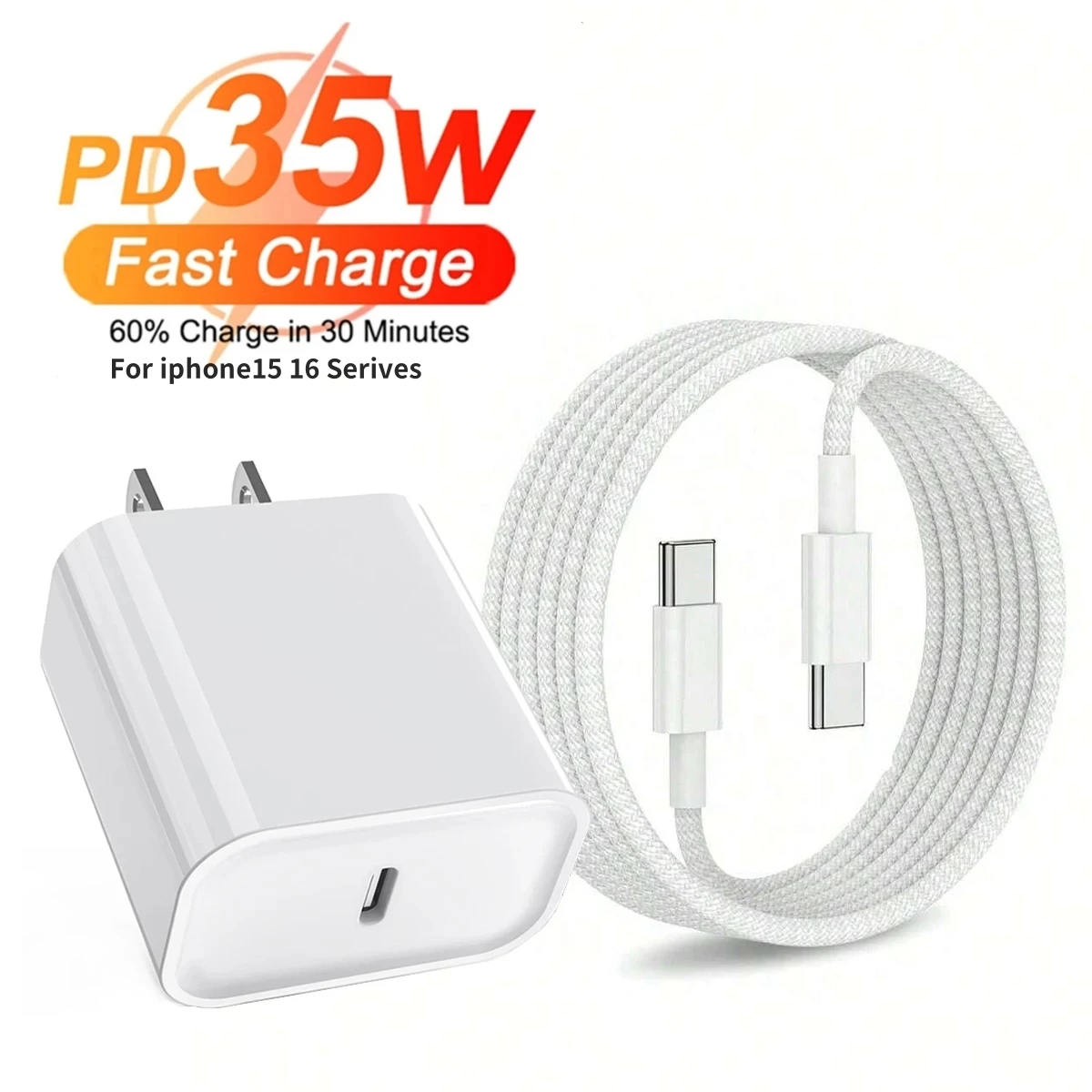 Cargador rápido USB-C PD de 35W para iPhone 16 Pro Max 15 Plus Samsung Moto Pixel Huawei Honor realme Cable de carga rápida Dual tipo C