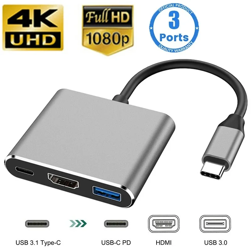 Hub USB C 3 en 1 tipo C a HDMI 4K PD, adaptador de estación de acoplamiento de carga rápida, divisor para MacBook, teléfono, PC, accesorios de ordenador - imagen 2