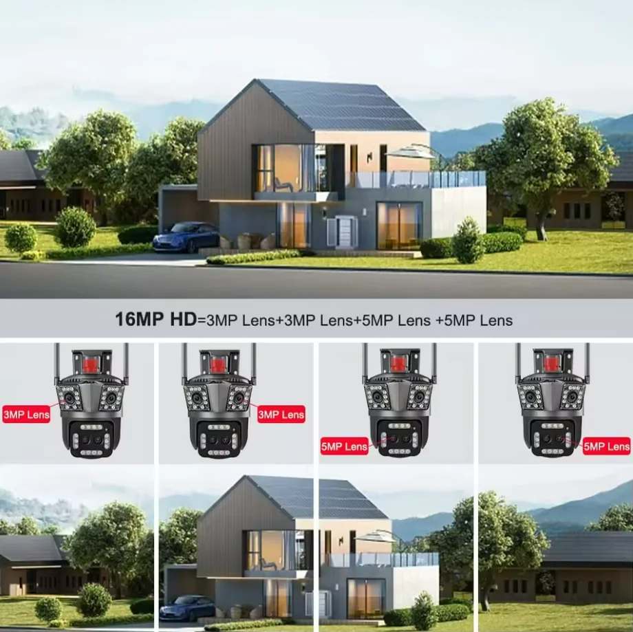 Cámara WiFi para exteriores 8K 12MP Zoom 12X Cámara PTZ de cuatro lentes y tres pantallas 360 ° Cámaras de vigilancia Cámara de seguridad con seguimiento de movimiento - imagen 4