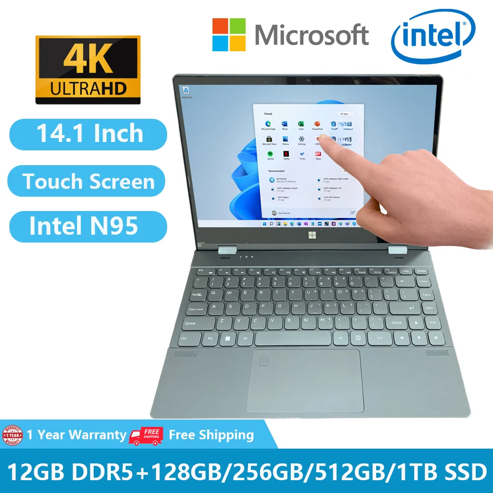 Greatium-ordenadores portátiles de oficina para Yoga, Notebook con pantalla táctil 4K, Windows 11, 14 pulgadas, 12ª generación, Intel Alder Lake-N N95, 12GB, DDR5, 1TB, SSD
