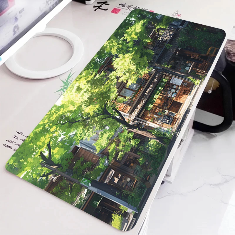 Alfombrilla de escritorio verde con paisaje de Anime Natural, alfombrilla para ratón portátil, accesorios para PC y oficinas, alfombrilla grande para ratón, alfombra de goma, almohadillas extendidas para teclado - imagen 5