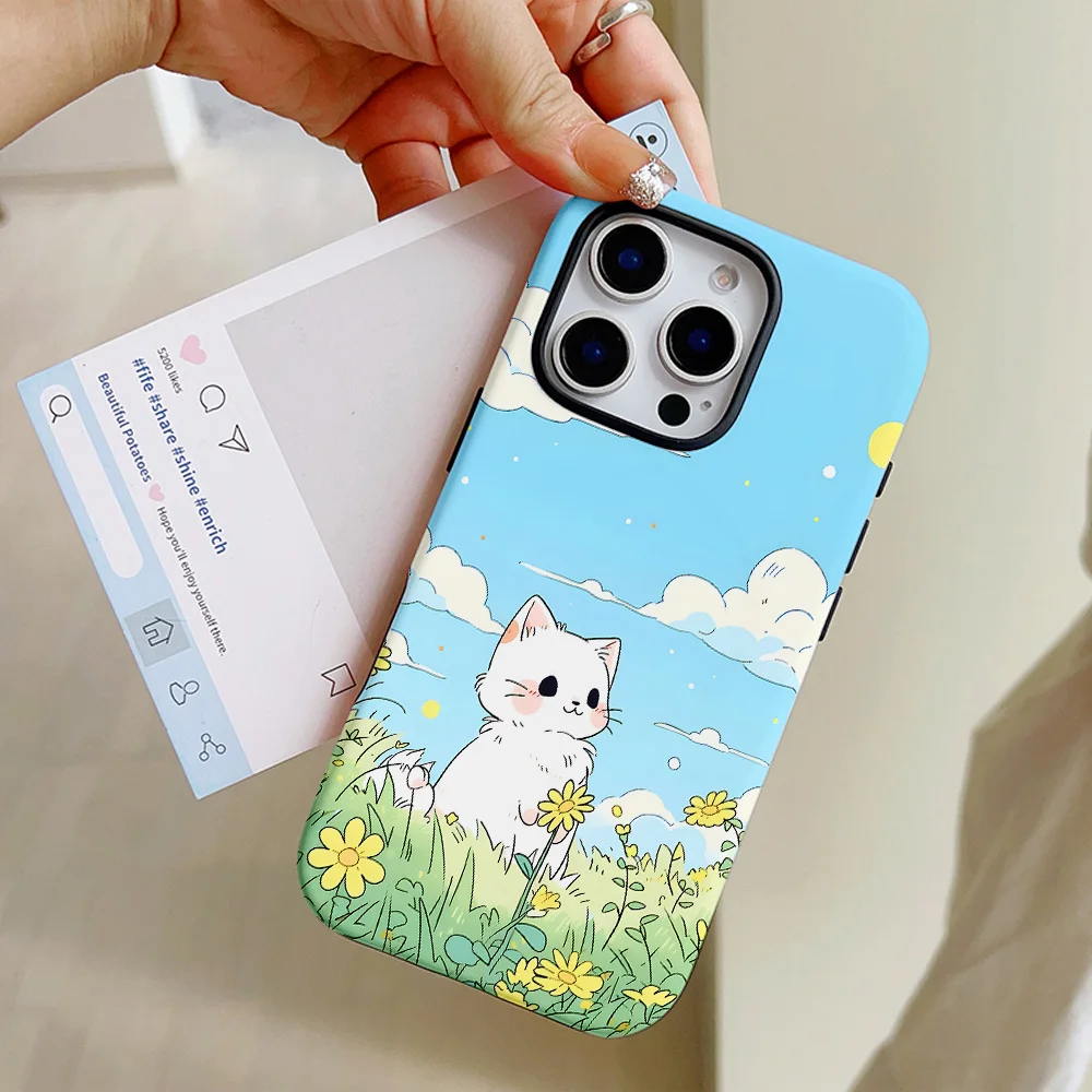 Funda de teléfono con bonitos dibujos de gatos y flores para iPhone 16, 15, 14, 13, 12, 11 Pro Max Plus, funda trasera magnética de lujo de doble capa - imagen 3