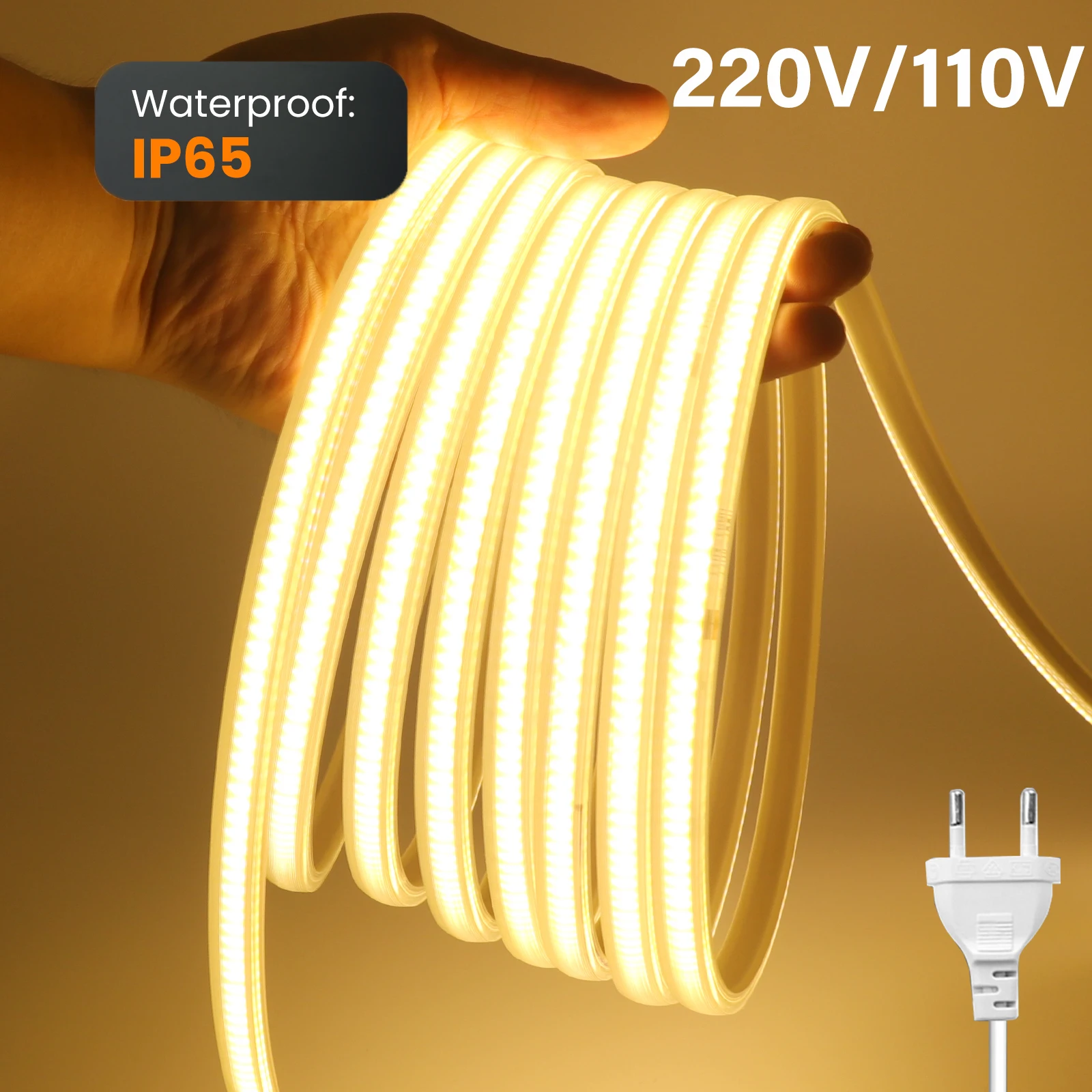 Tira COB de 220V y 110V para decoración exterior, tira de luces LED blanca/blanca cálida con enchufe UE, Reino Unido y EE. UU. para iluminación de cocina y dormitorio