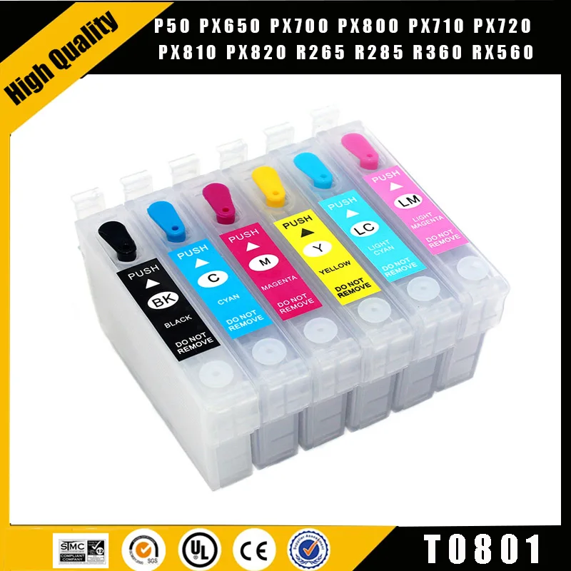 Cartucho de tinta recargable T0801-T0806 con Chip permanente para impresora fotográfica Epson Stylus R265/R360/R285/RX585/RX685/P50/PX700W