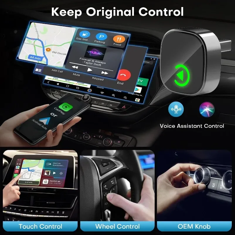 Adaptador inalámbrico Android Auto 2 en 1, Dongle CarPlay inalámbrico, sistemas inteligentes para coche, caja inteligente AI para coche con CarPlay con cable - imagen 2