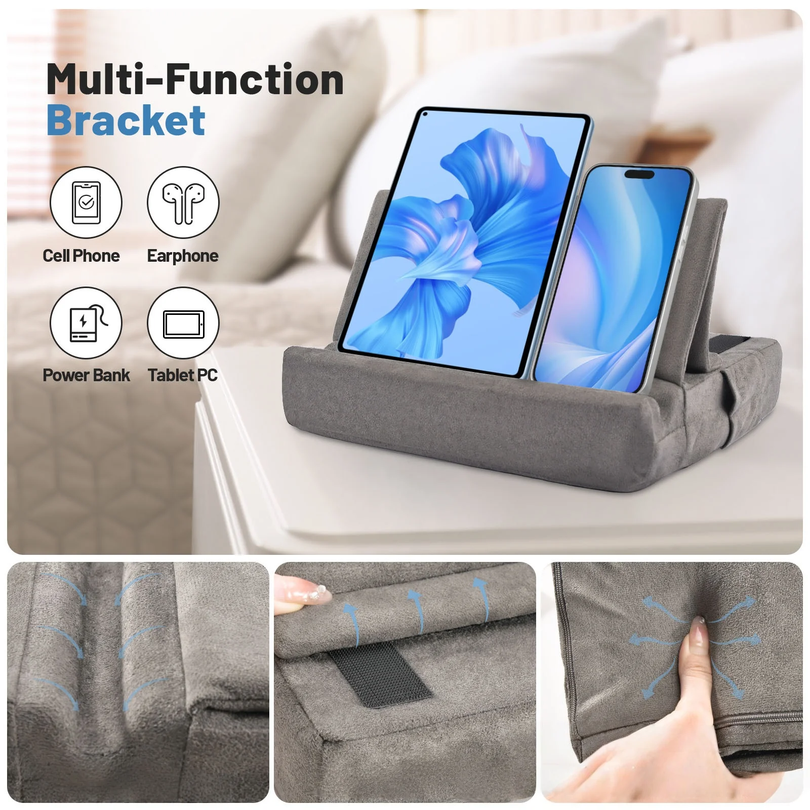 Soporte para tableta perezoso, almohada para cama, escritorio, Universal, tabletas de 4-13 pulgadas, soporte para teléfono, base suave con visión multiángulo y bolsillo - imagen 5
