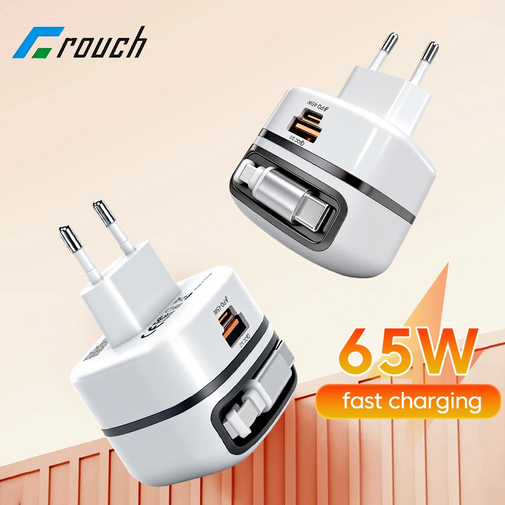 Cargador USB C de 65W con Cable telescópico, cargador de carga rápida con enchufe UE y Reino Unido, cargador de teléfono de viaje Universal para iPhone 15 16 ipad