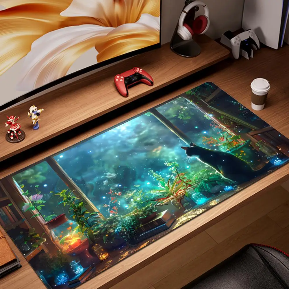 Alfombrilla de ratón con diseño de gato negro y plantas verdes para dormitorio, alfombrilla grande para mesa de oficina y ordenador, alfombrilla antideslizante de goma para teclado para juegos