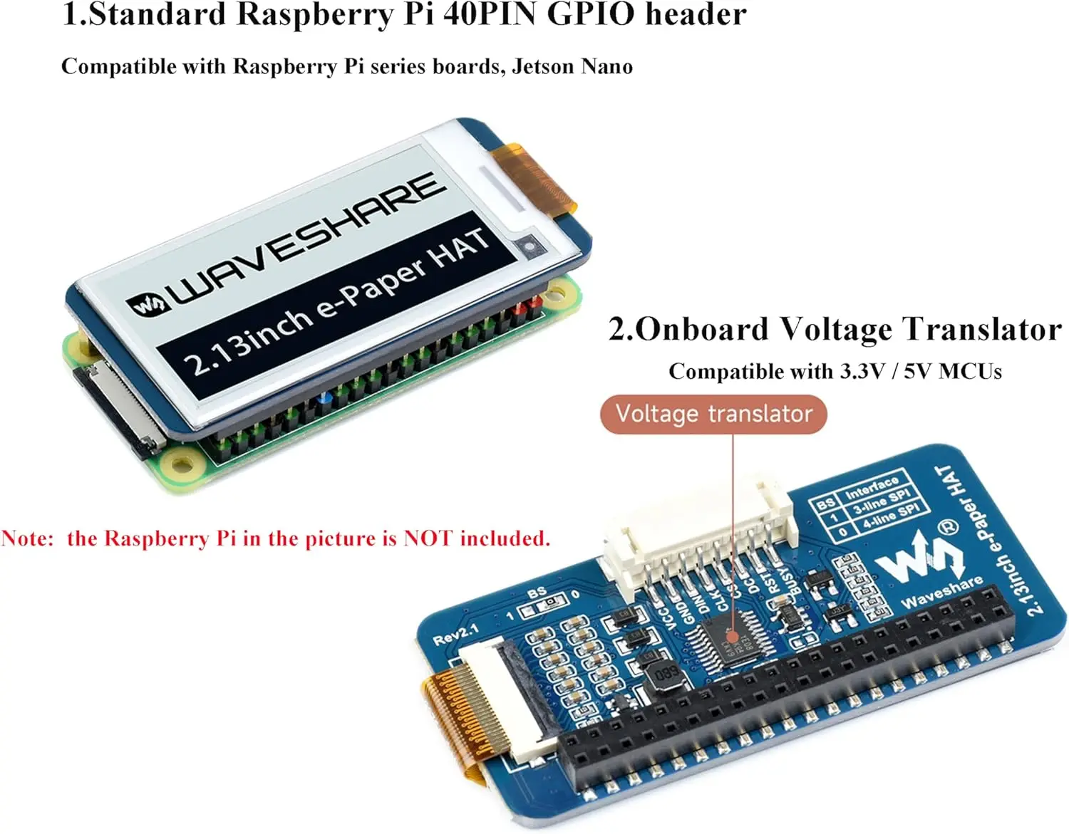 Pantalla de tinta electrónica de 2,13 pulgadas HAT V4 250x122 interfaz SPI módulo de papel electrónico para Raspberry Pi 5/ 4B/3B +/3B/2B/A +/Zero 2 W/Jetson Nano - imagen 3