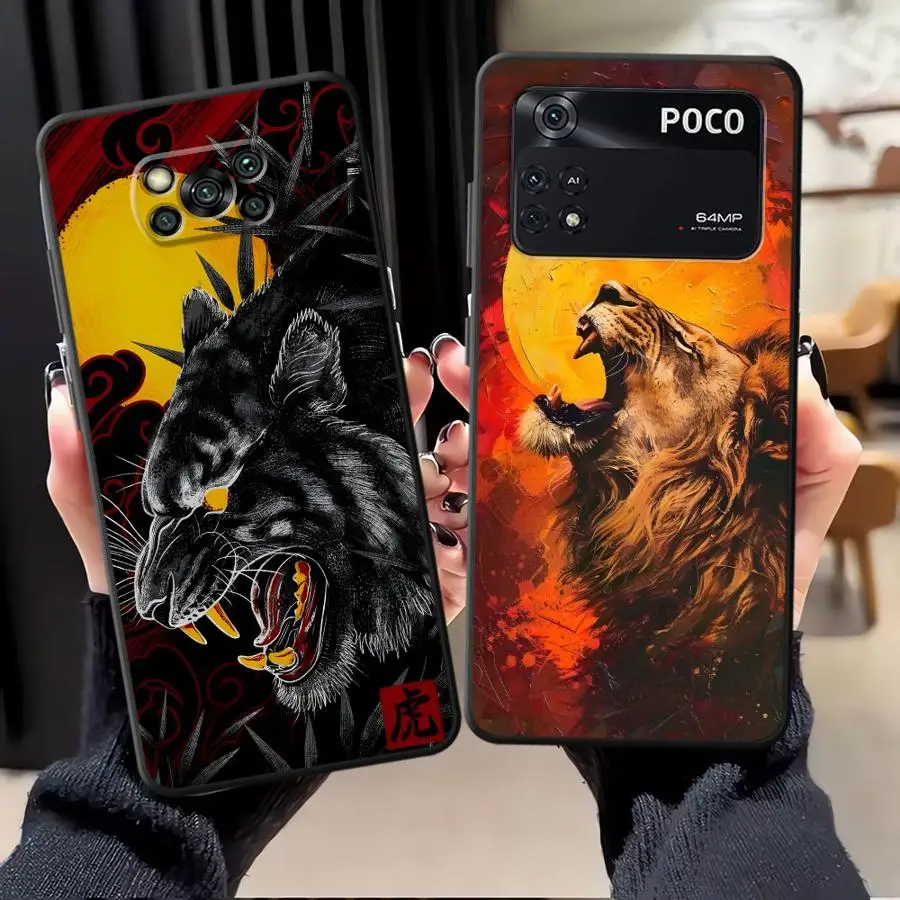 Funda de teléfono suave negra para Xiaomi Poco C40 X3 X4 X5 X7 Pro C75 F3 C50 F1 C71 M3 M4 M7 Pro C61 M5 pintura de Color sol León