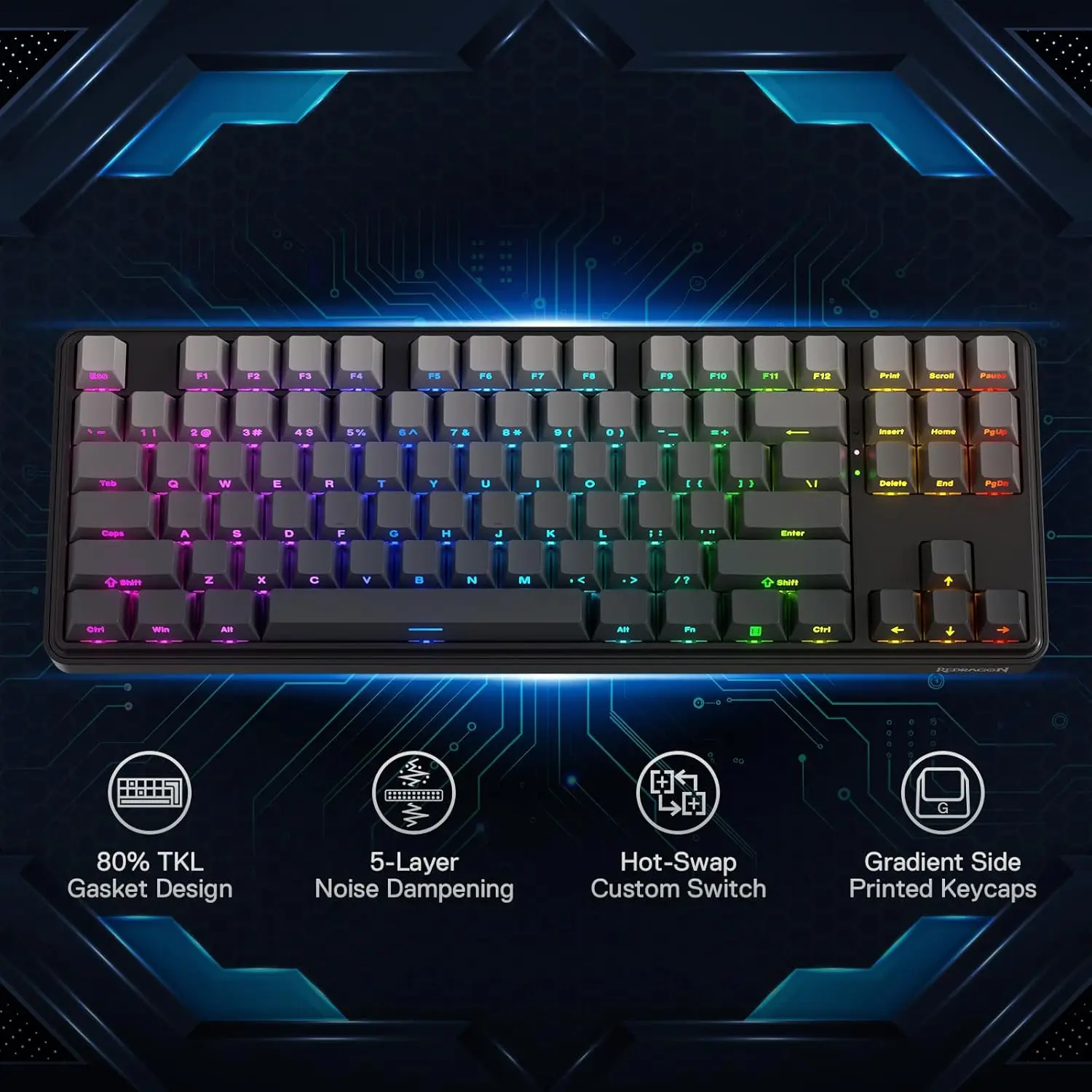 Redragon K707 PRO GB 80% junta RGB Gaming 3 modos inalámbrico TKL Teclado mecánico de amortiguación de ruido intercambiable en caliente, interruptor Mambo de menta - imagen 2