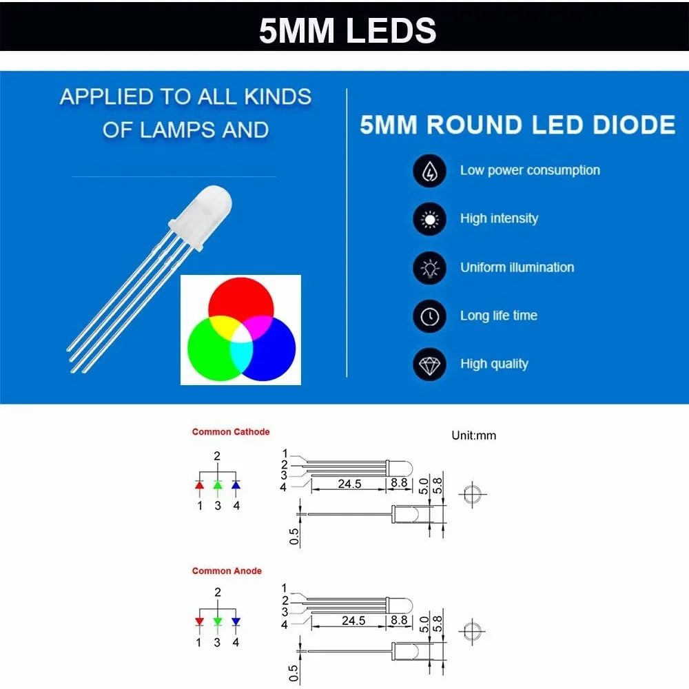 50/100 Uds 5mm RGB LED cátodo común/ánodo común diodos emisores tricolor diodos difusos antiniebla a todo color F5 4 pines para Arduino - imagen 3