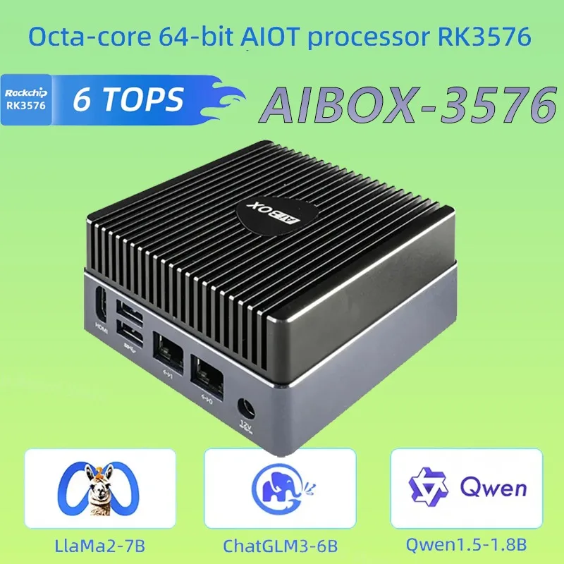 AIBOX-3576 RK3576 6TOPS Potencia de computación sin ventilador G52 MC3 GPU Linux Mini PC Modelo grande Caja AI Despliegue privado de baja potencia