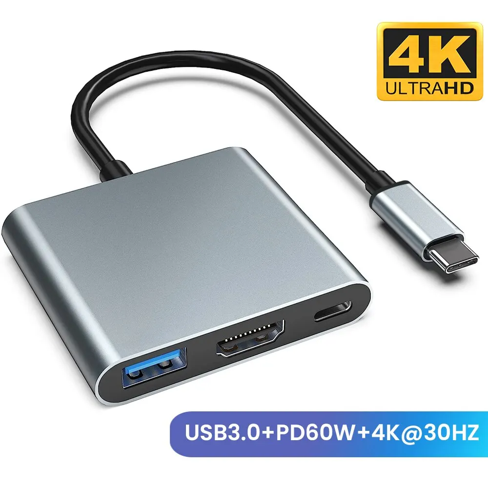 Hub USB C 3 en 1 con 60W tipo C, entrega de energía, adaptador portátil cuadrado 4K HDMI, concentrador de puertos múltiples para MacBook Air/Pro ChromeBook