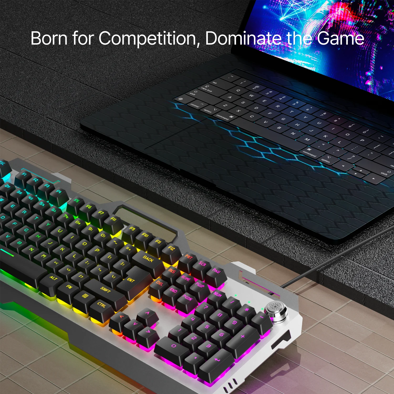 EWEADN Teclado para juegos silencioso, 104 teclas retroiluminadas con LED, panel totalmente metálico con cable USB, perilla multimedia, oficina, hogar, computadora portátil/escritorio - imagen 2