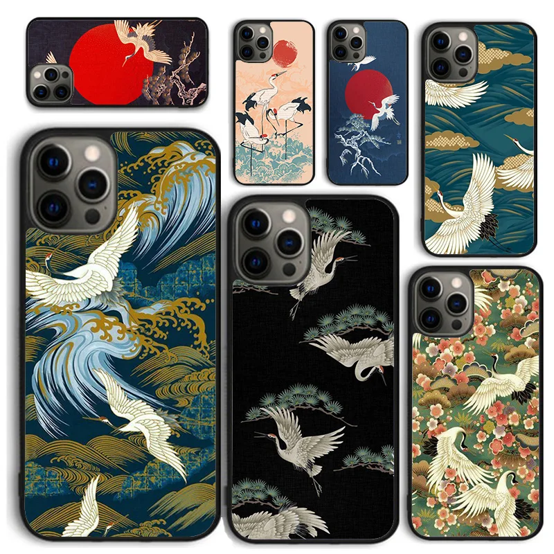 Funda de teléfono con diseño de grullas japonesas para iPhone 17 Air 16 PRO MAX 15 14 PLUS 11 12 13, carcasa trasera