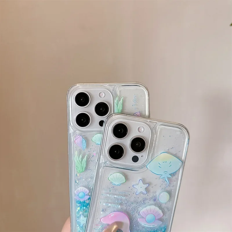 Funda de TPU con forma de estrella de mar y medusas y purpurina ostentosa para iPhone 16 Plus 15 14 Pro Max 13 12 11, cubierta de arena movediza líquida luminosa a prueba de golpes - imagen 4