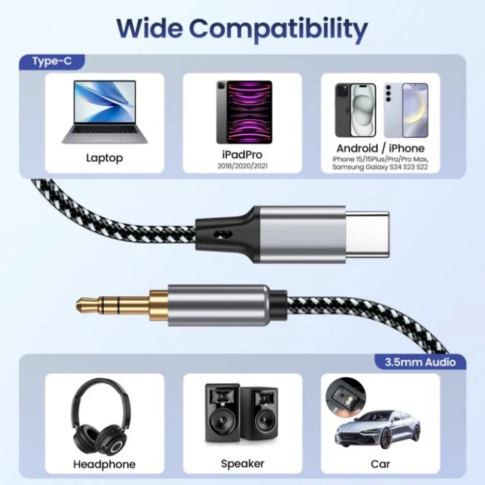 Cable de Audio auxiliar USB tipo C a 3,5mm, adaptador de conector para auriculares, altavoz, Aux para coche para Samsung iPhone15 Xiaomi HUAWEI Cable auxiliar - imagen 2