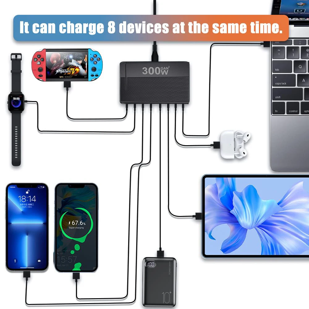 240W/300W GaN de escritorio de 8 puertos para cargador rápido de teléfonos móviles, adaptador de estación de carga rápida para Iphone/Samsung/Xiaomi, indicador LED - imagen 2