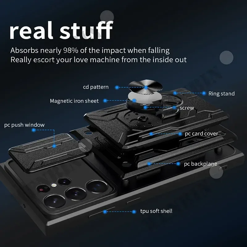 Funda para Samsung S24 S23 S22 Ultra Plus S21 FE A55 A25 A15 A54 A14 soporte deslizante anillo cámara cubierta con ranura para tarjeta de grado militar - imagen 4
