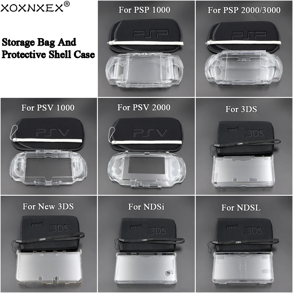 Para NDSi NDSL 3DS nuevo 3DS para PSP1000 2000 3000 PSV 1000 2000 funda protectora de cristal transparente con funda bolsa de almacenamiento de transporte