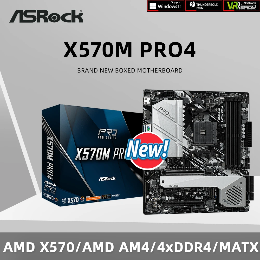 Placa base ASRock nueva X570M Pro4 AMD X570 compatible con 5800X 5700x3D 5600G CPU 4xDDR4 4200 + PCIe 4,0 M.2 mATX AM4
